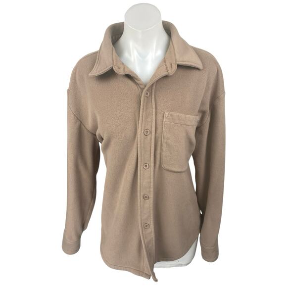 Aritzia TNA Beige Long Sleeve Button Up Fleece Teddy Shirt Sweater Top Size L - Picture 1 of 4